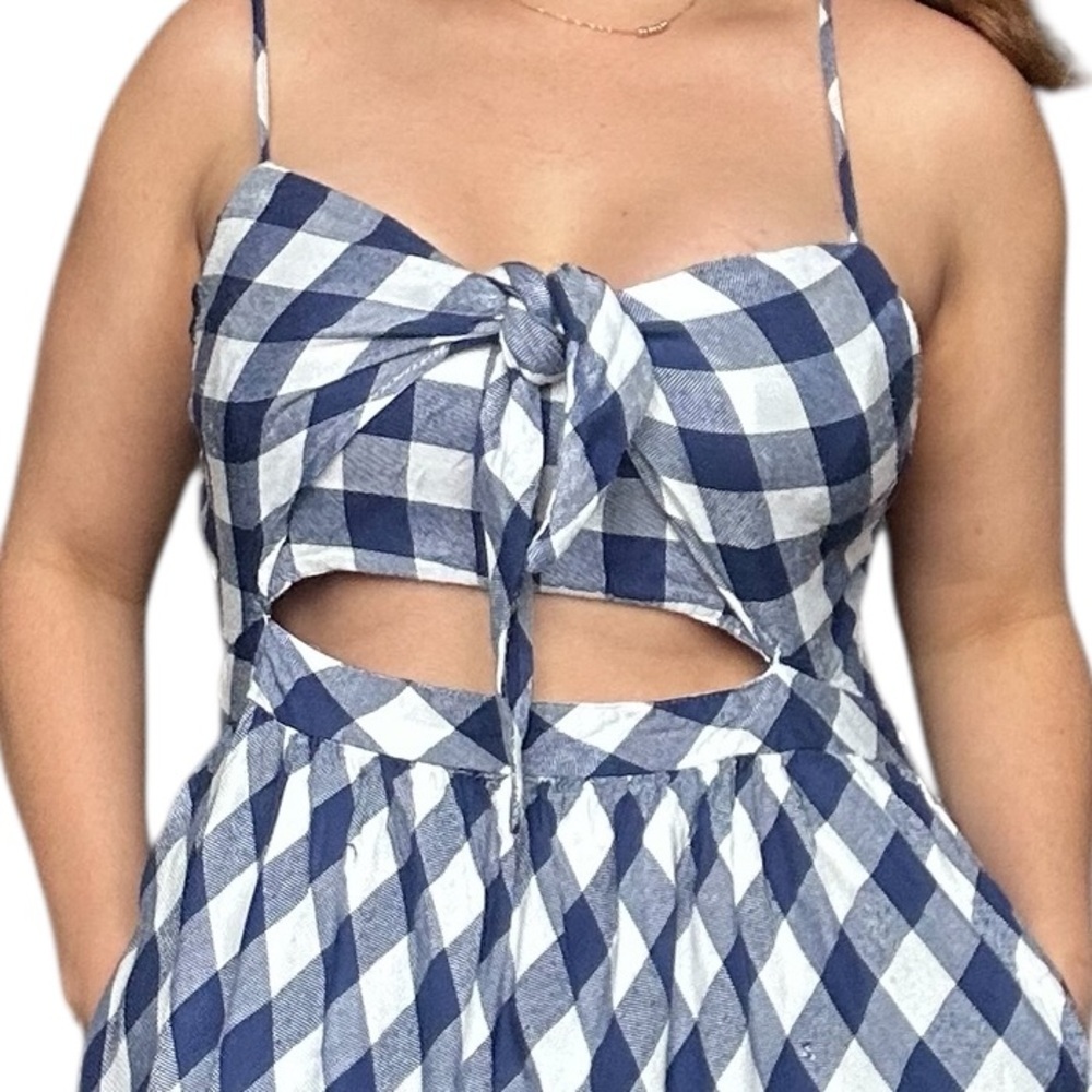 Dex -  Navy and White Gingham Tie-Front Midi Dress - Small - Picture 5 of 12